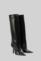 Knee-yüksek Alligator Skin Desen Sivri Bot - Siyah