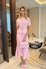Peplum Bel ve Kristal Düğme Kemer Detaylı Kısa Kollu Takım - Pudra Pembe