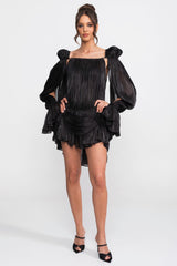 Pelerin Kollar ve Altın Klips Detay Transparan Drapeli Mini Elbise - Siyah