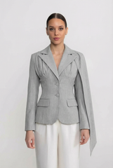 Drapeli Pelerin Panel Detaylı Terzi İşi Uzun Kollu Blazer Ceket - Gri
