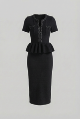 Peplum Bel Detayı Dokulu Triko Midi Elbise - Siyah