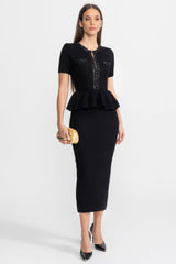Peplum Bel Detayı Dokulu Triko Midi Elbise - Siyah