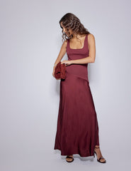 Bordo Asimetrik Düşük Bel Valentina Midi Boy Elbise