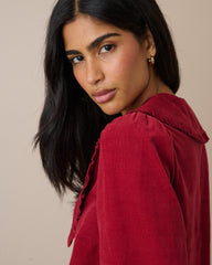 Kırmızı Fitilli Kadife Oversize Yaka Detaylı Bluz