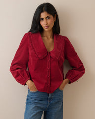 Kırmızı Fitilli Kadife Oversize Yaka Detaylı Bluz