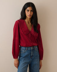 Kırmızı Fitilli Kadife Oversize Yaka Detaylı Bluz
