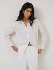 Beyaz Oversize Keten Ağırlıklı Gömlek