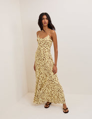 Tereyağı Sarısı Leopar Desenli Kiki Maxi Boy Elbise