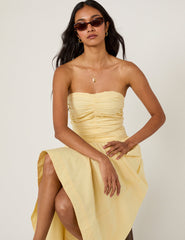 Tereyağı Sarısı Straplez Rosalie Midi Boy Elbise