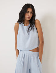 Açık Mavi Keten Ağırlıklı Büzgülü Bluz