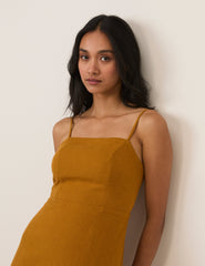 Mustard Sarı Keten Ağırlıklı Maddy Midi Boy Elbise