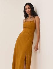 Mustard Sarı Keten Ağırlıklı Maddy Midi Boy Elbise