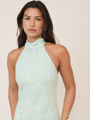 Mint Yeşili Çiçek Desenli Saten Fifi Maxi Boy Elbise
