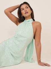 Mint Yeşili Çiçek Desenli Saten Fifi Maxi Boy Elbise
