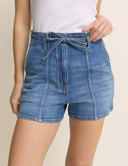 Orta Ton Yıkamalı Kensal Kuşaklı Denim Kısa