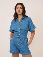Mavi Denim Boydan Düğmeli Şort Tulum