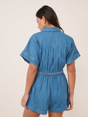 Mavi Denim Boydan Düğmeli Şort Tulum