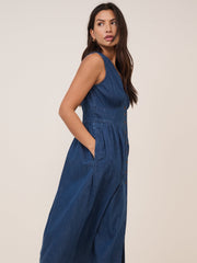Koyu Mavi Denim Kolsuz Starlight Midi Boy Elbise