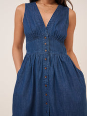 Koyu Mavi Denim Kolsuz Starlight Midi Boy Elbise