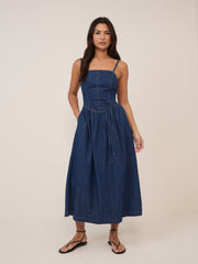 Koyu Mavi Denim Jones Midi Boy Elbise
