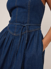 Koyu Mavi Denim Jones Midi Boy Elbise