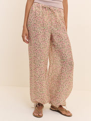 Pembe Çiçek Desenli Balon Cuffed Pantolon