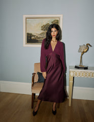Bordo Bluzon Kollu Saten Linda Midi Boy Elbise
