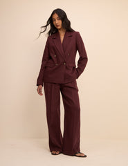 Bordo Çift Düğmeli Keten Karışımlı Alicia Blazer Ceket