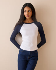 Lacivert ve Beyaz Reglan Kollu Fitilli Bluz