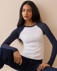 Lacivert ve Beyaz Reglan Kollu Fitilli Bluz