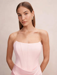 Isra Drapeli Askısız Maxi Elbise Uçuk Pembe