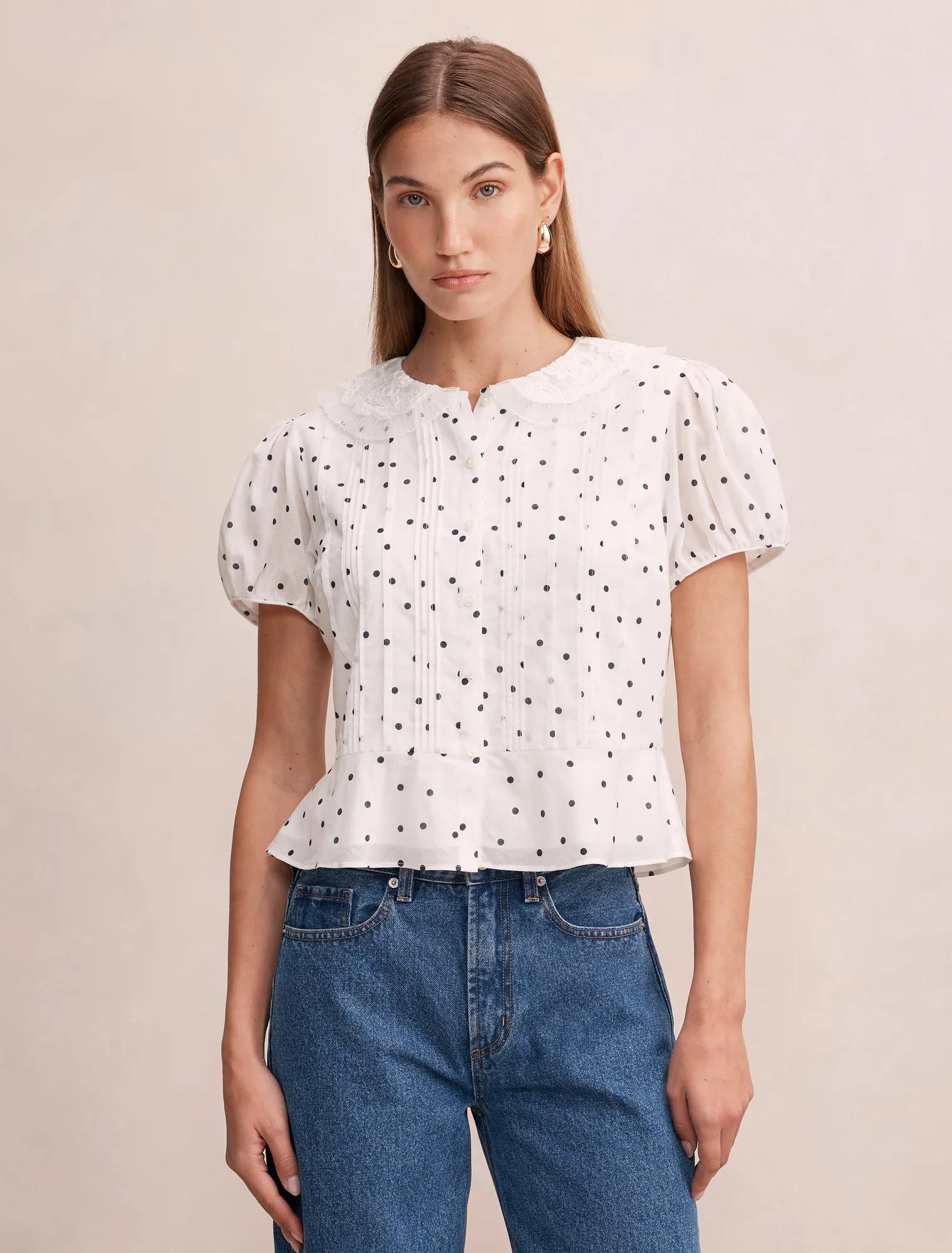 Cece Peplum Bluz Lacivert Findon Puantiyeli