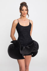Işıltılı Süslemeler ve Fırfırlı Peplum Etek Detaylı Babydoll Mini Elbise - Siyah