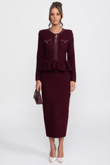Ön Göğüs Cepleri Detaylı Püskül Şerit Triko Peplum Elbise - Bordo