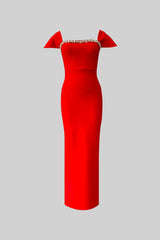 Kristal Süslemeler Detaylı Omuzları Açık Vücuda Oturan Abiye Elbise - Kırmızı