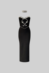 Choker Detaylı Kristal-Süslemeli Askısız Abiye Elbise - Siyah