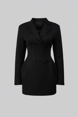 Korse Bel Detaylı Yapılandırılmış Mini Blazer Elbise - Siyah