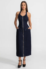 Önden Fermuar Kapama Detaylı Denim Boyundan Bağlamalı Elbise - Koyu Indigo