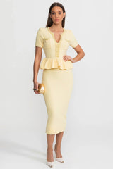 Peplum Bel Detayı Dokulu Triko Midi Elbise - Sarı