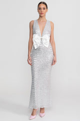 Saten Fiyonk Detay Payet Maxi Elbise - Light Gri