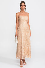 Tam A Kesim Etek Detaylı Askısız Çiçekli Dantel Ballgown - Altın