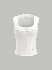 Pileli Kare Yaka Düğmeli Üst