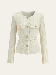 Metal Düğmeli Tweed Kemerli Blazer