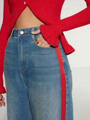 Kontrast Yan Çizgili Geniş Paça Kot Pantolon