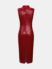 Çin Düğmeli Payetli Qipao Midi Elbise