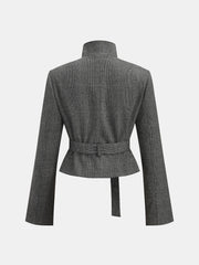 Ekose Desenli Kemerli Kısa Blazer Ceket