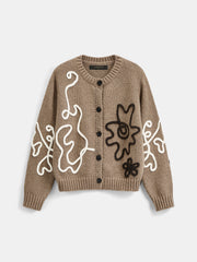 Kontrast Soyut Çiçek Desenli Triko Hırka