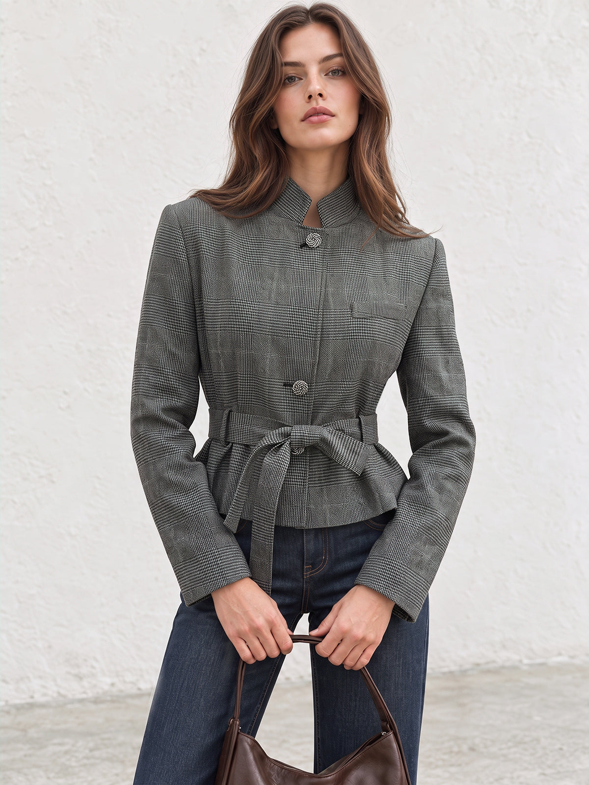Ekose Desenli Kemerli Kısa Blazer Ceket