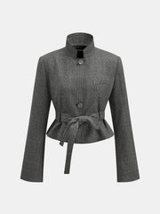 Ekose Desenli Kemerli Kısa Blazer Ceket