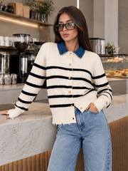 Denim Yakalı Çizgili Saç Örgü Hırka